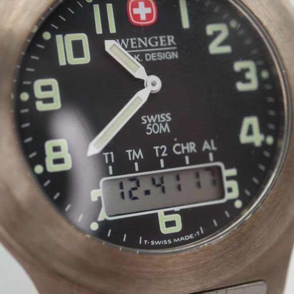 Wenger Mens Analog Digital Watch Watch Silver 40mm Black Dial 199.0687 RARE VTG - Picture 8 of 14